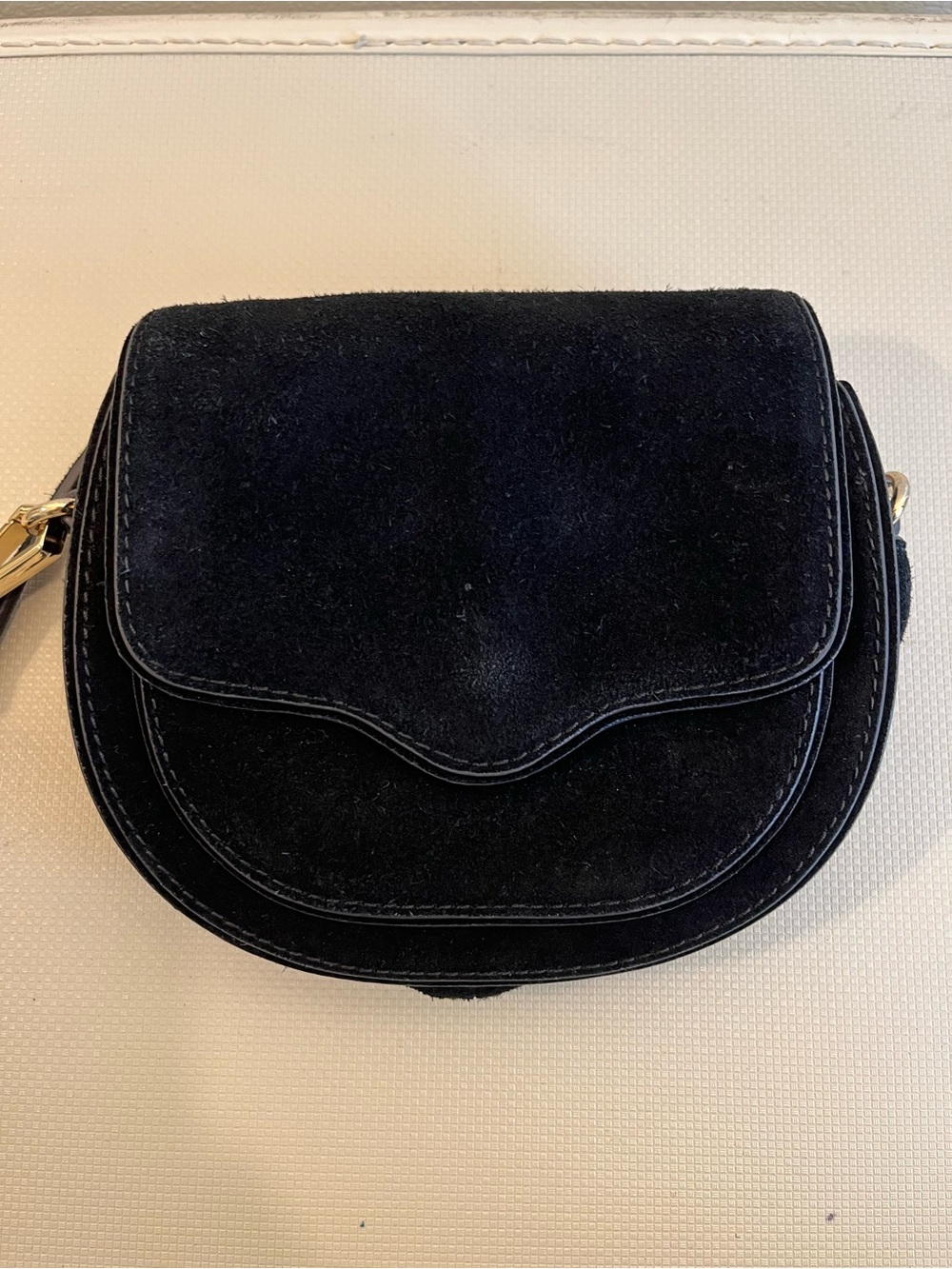 Rebecca Minkoff Black Suede Crossbody Saddle Bag with Gold Hardware